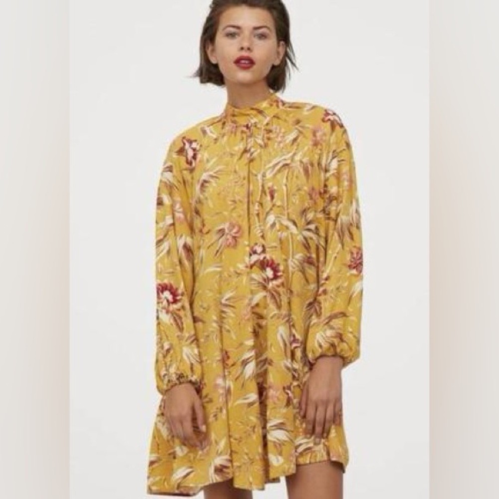 H&M Mustard Yellow Floral Mock Neck Mini Dress - Size 8